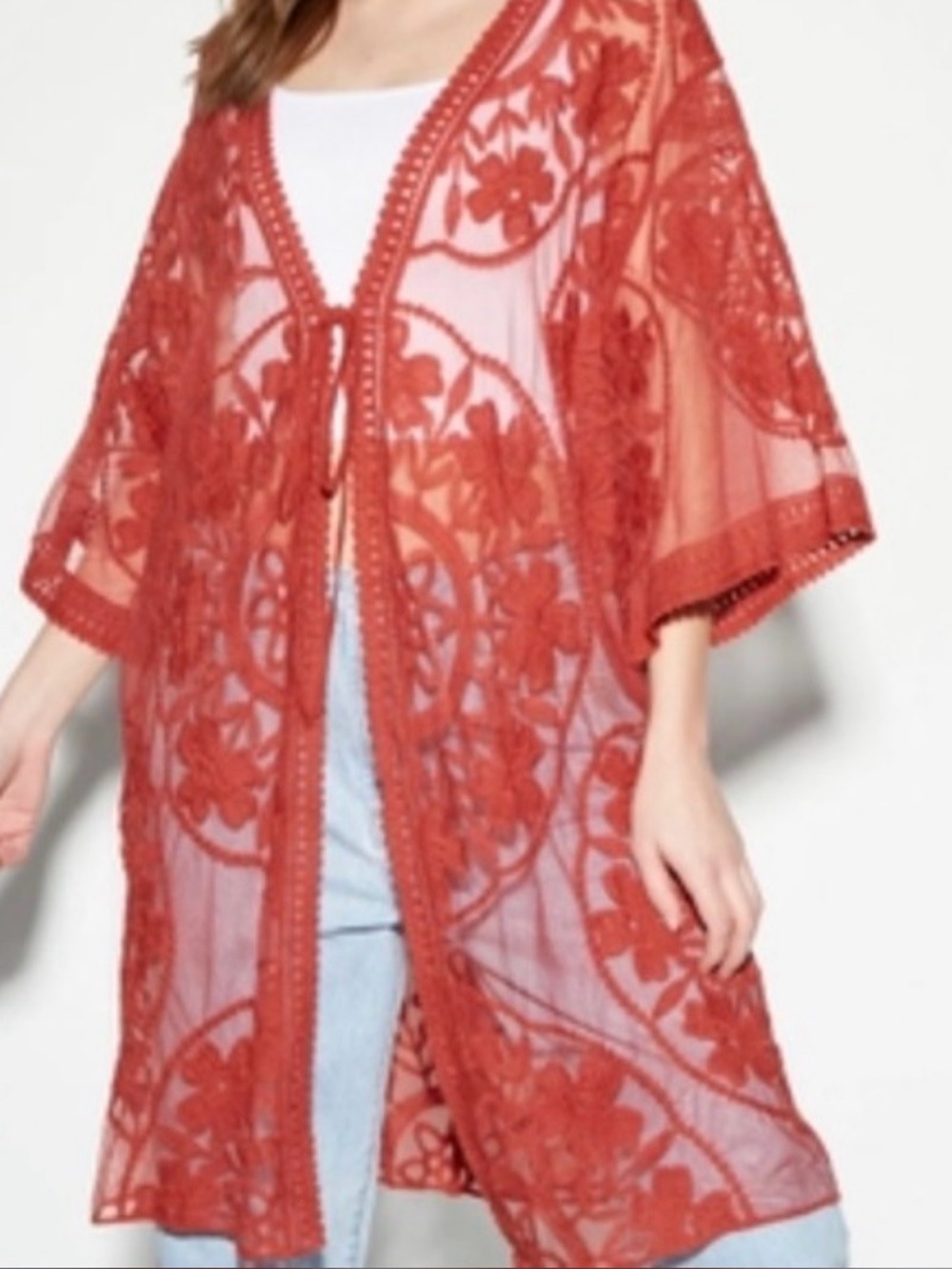 NWT Umgee Burnt Orange Floral Embroidered Sheer Duster